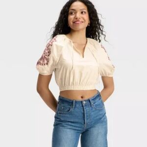 Balloon  Sleeve Eyelet Blouse